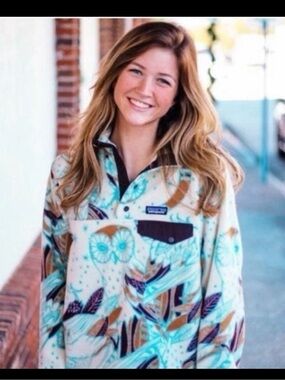 Patagonia Owl Print Fleece Pullover - Teal, Cream & Brown